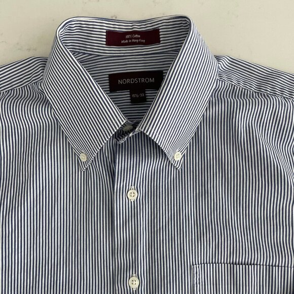 Nordstrom Lg Slv Button Down Oxford Collar Striped Cotton Shirt Blue+Wht Sz 15.5 - Picture 6 of 13